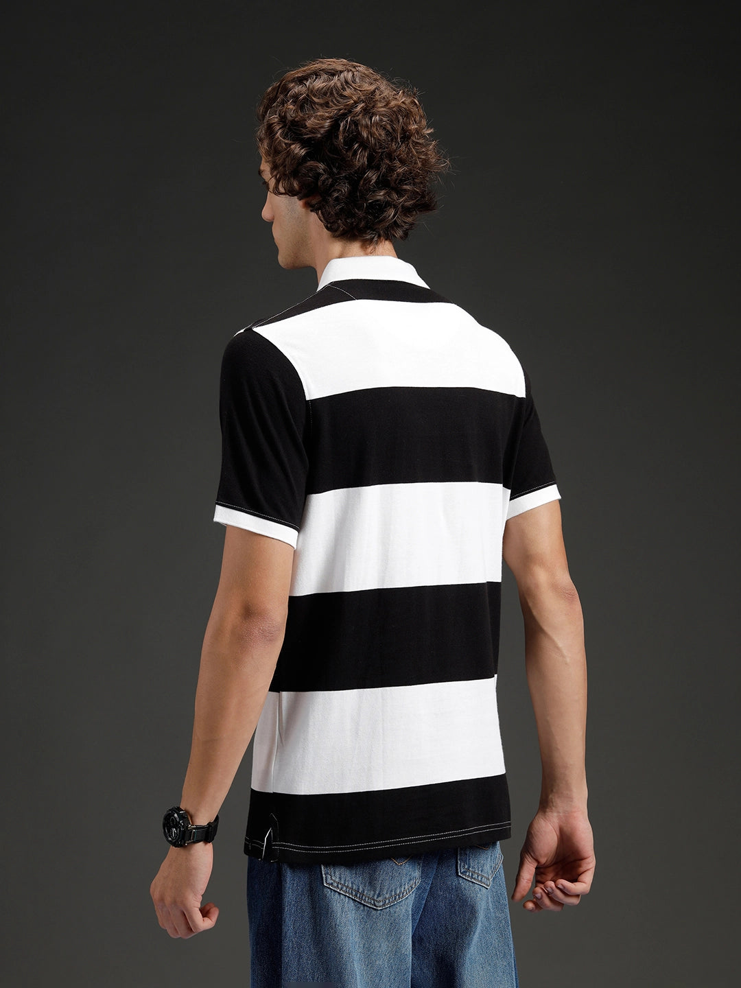 Wrogn Striped Colorblocked Varsity Polo | Black