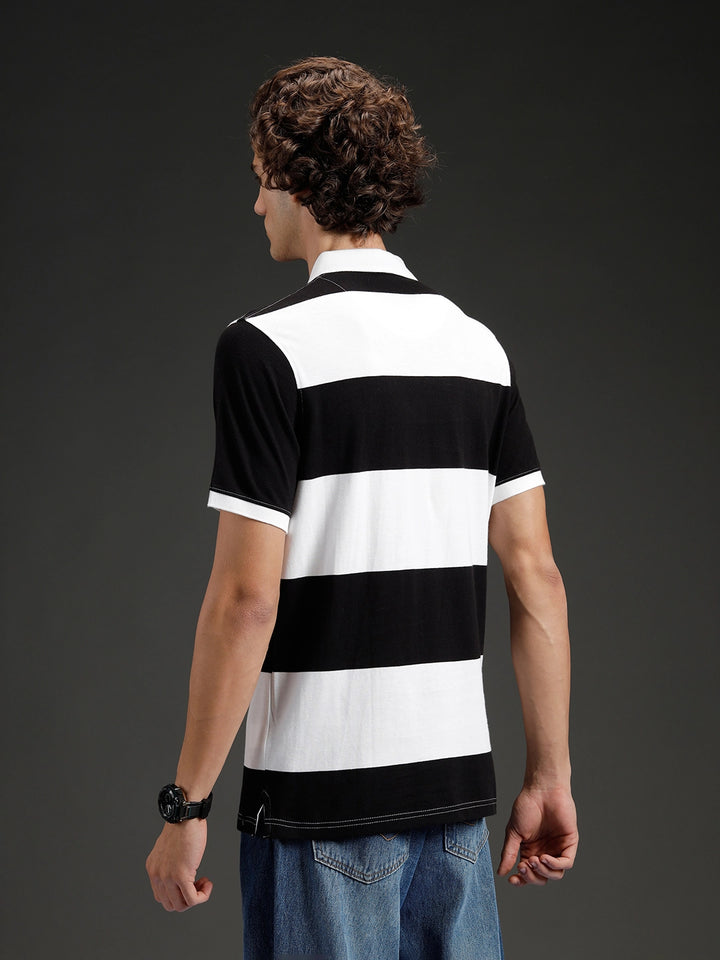 Wrogn Striped Colorblocked Varsity Polo | Black