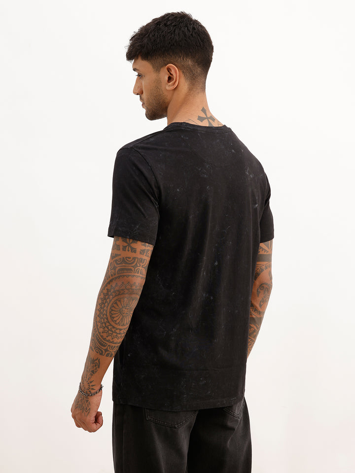 Washed Slim Fit Placement Printed T-Shirt | Black