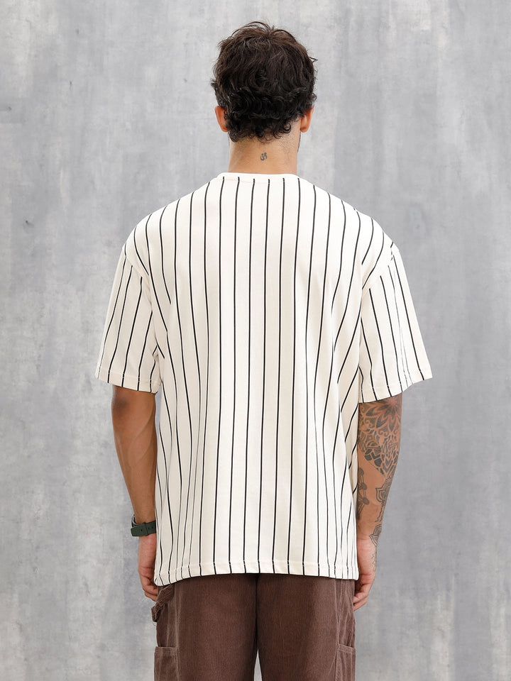 Striped Oversized Fit T-shirt With Flock Print | Beige