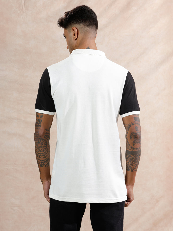 Colour Blocked Polo T-Shirt | White & Black