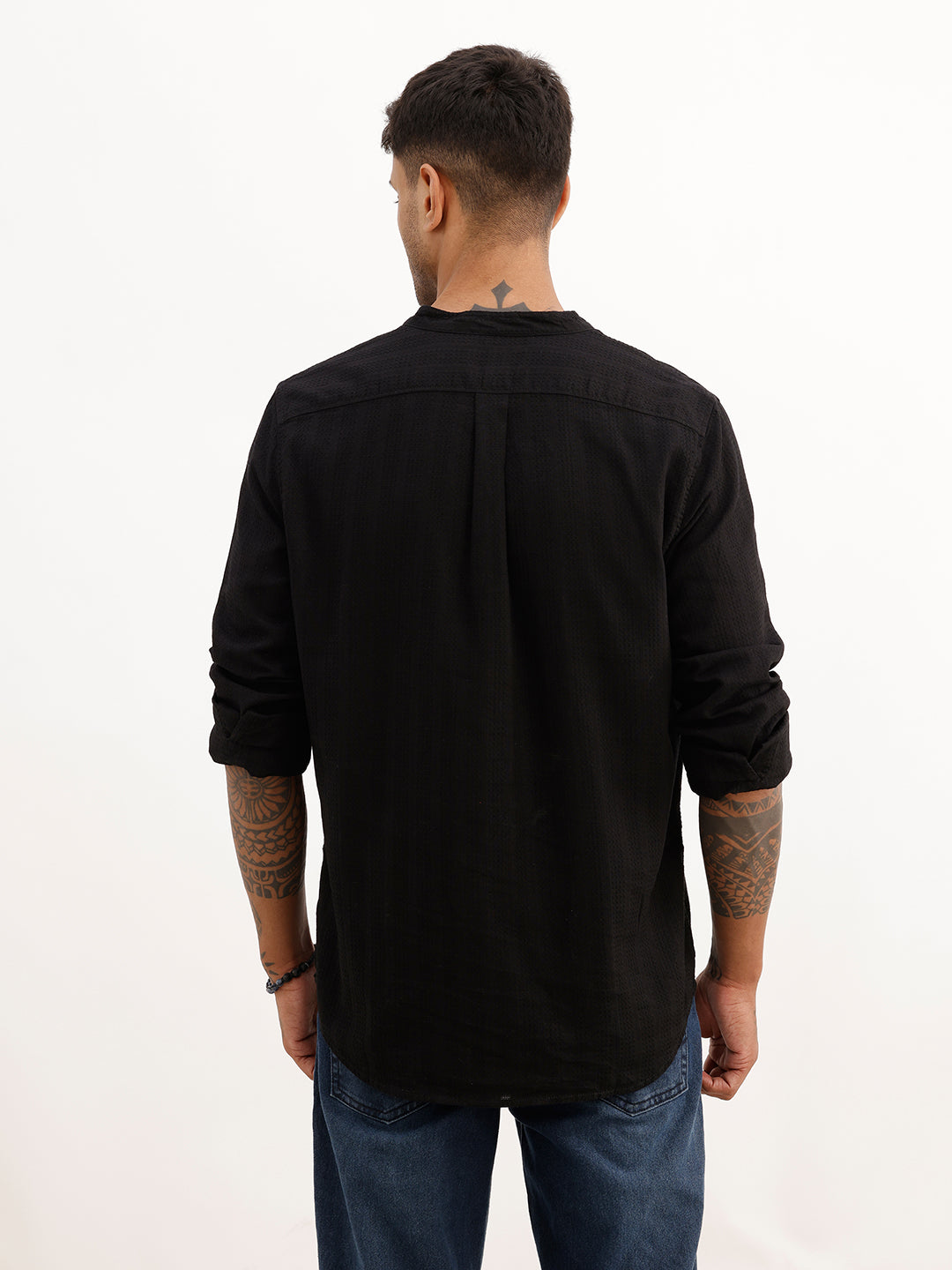 Textured Slim Fit Mandrin Collar Shirt | Black