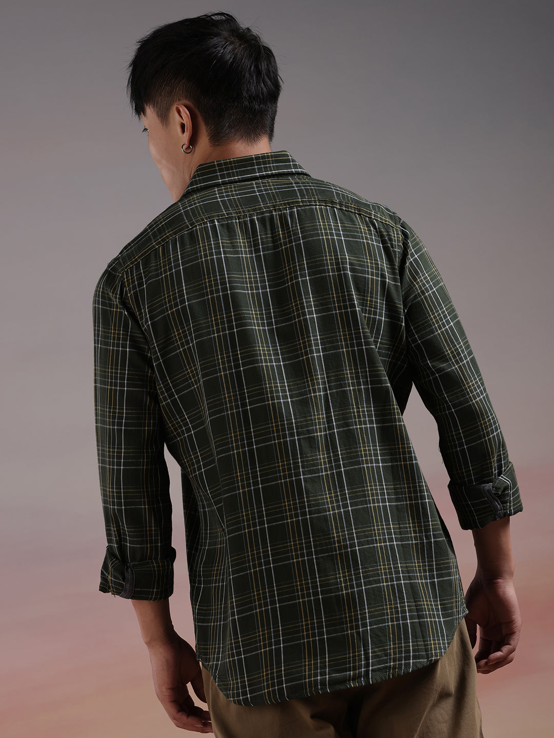 Checked Squares Olive Long Sleeve Shirt