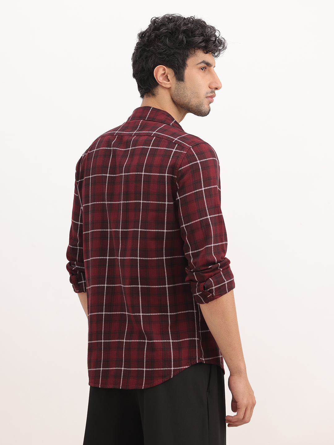 Slim Fit Checkered Full Sleeve Shirt | Maroon