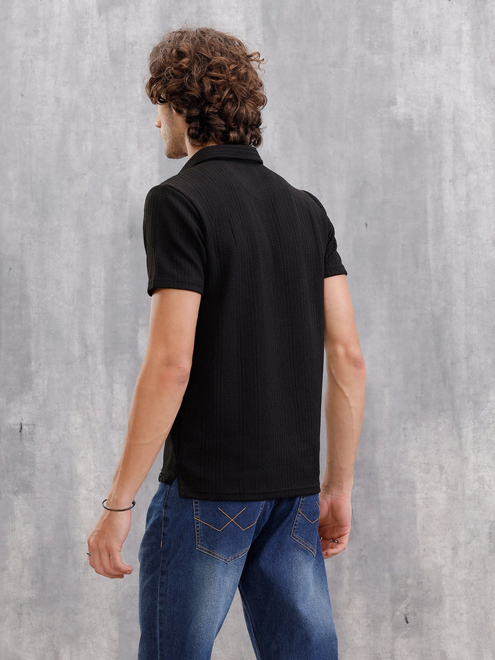 Jacquard Textured Knit Polo In Slim Fit  |  Black
