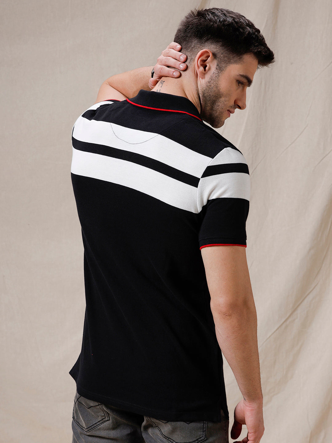 Colour Blocked Cotton Stripes Polo T-Shirt