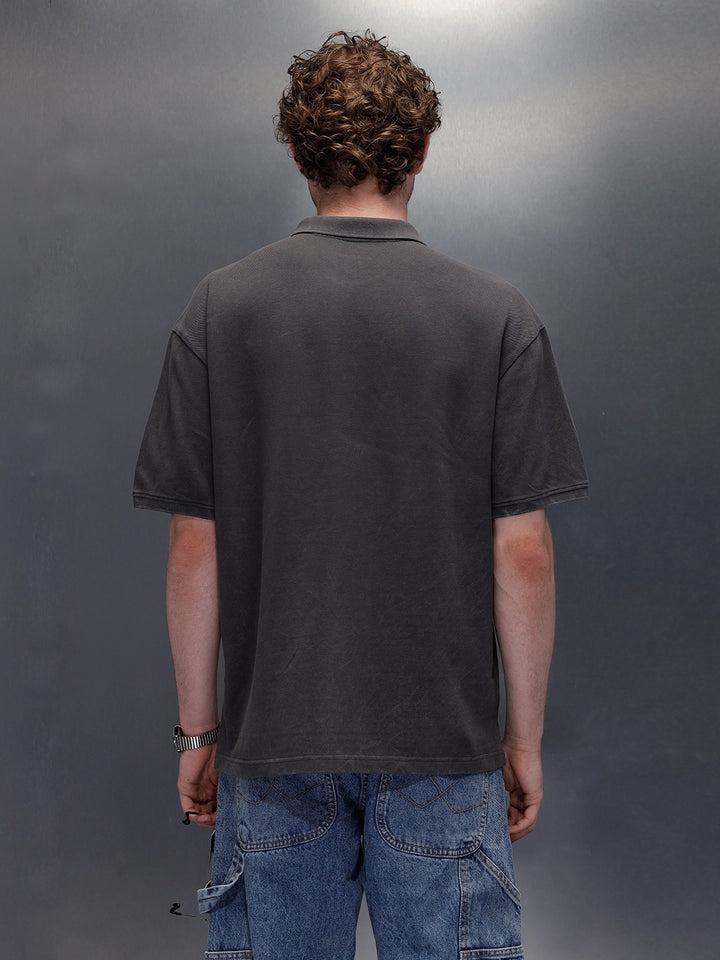 Washed Polo Neck Oversized T-Shirt With Branding | Dark Grey