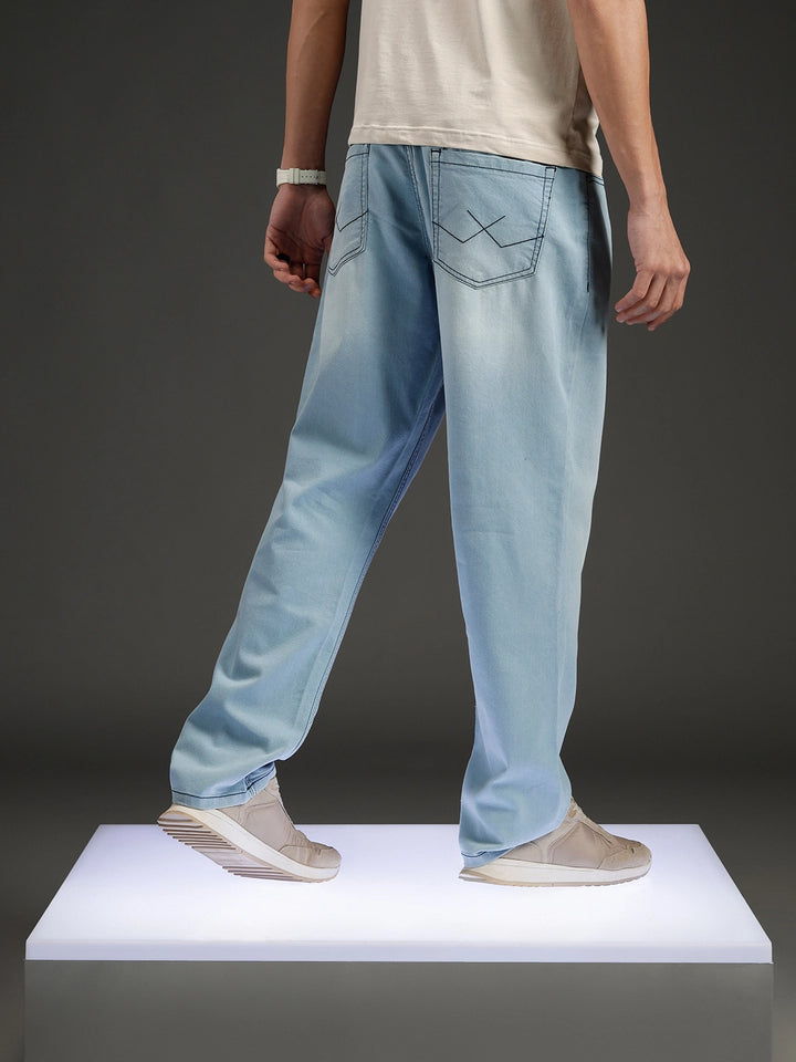 Wrogn Men's Casual Straight Fit Jeans with Contrast Stitch Detail | Light Blue