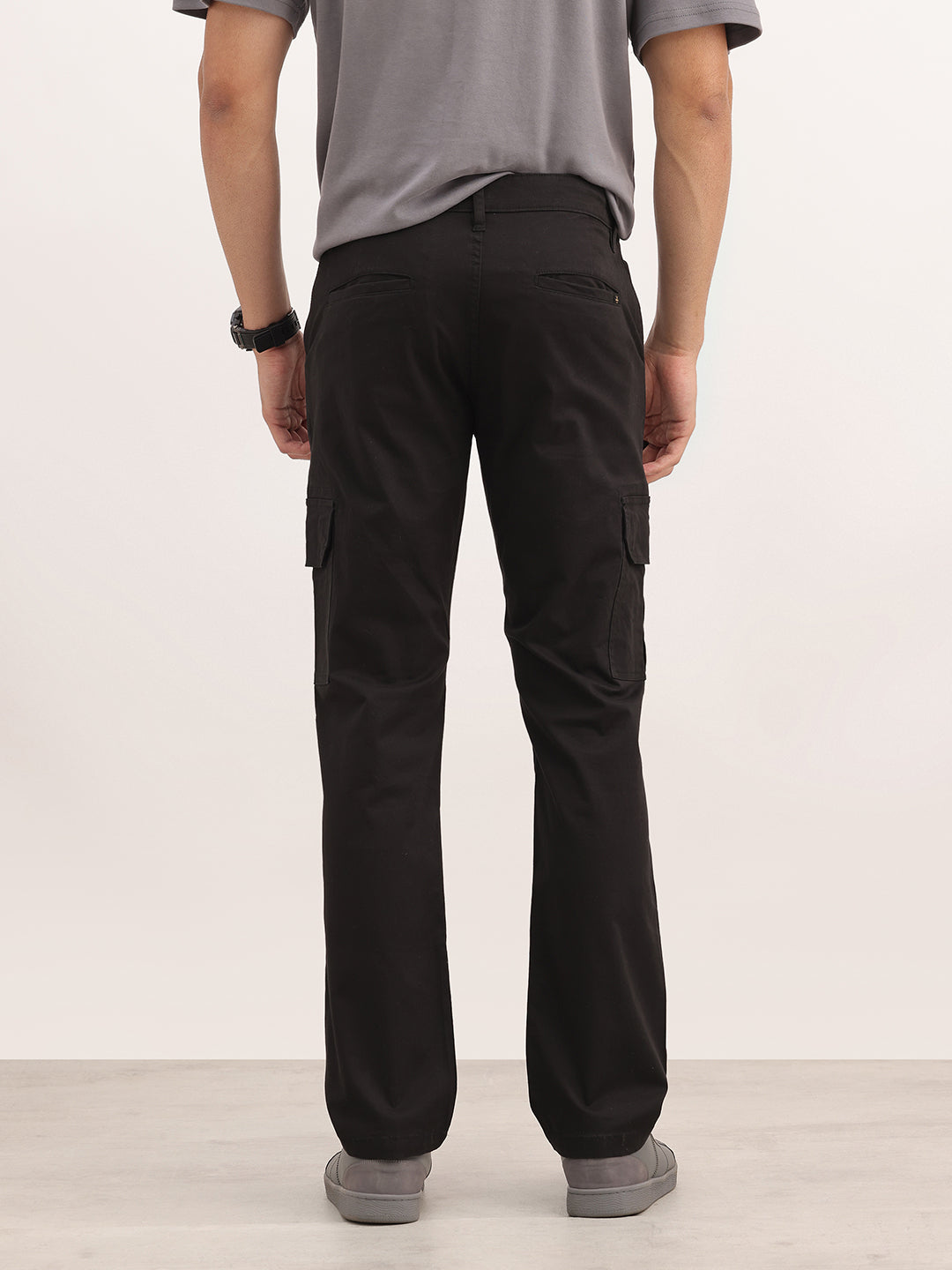 Solid Straight Fit Cargo Trousers | Black