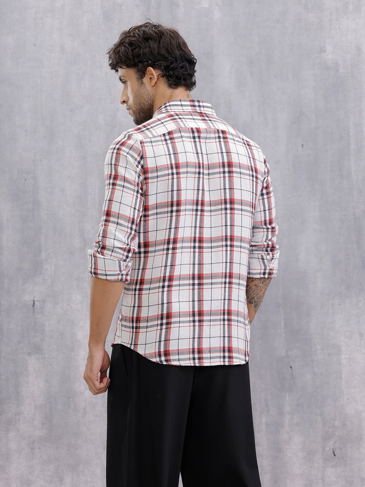 Textured Classic Plaid Check Casual Shirt For Men | White
