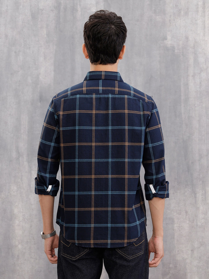 Textured Notebook Check Shirt In Slim Fit  | Navy Blue
