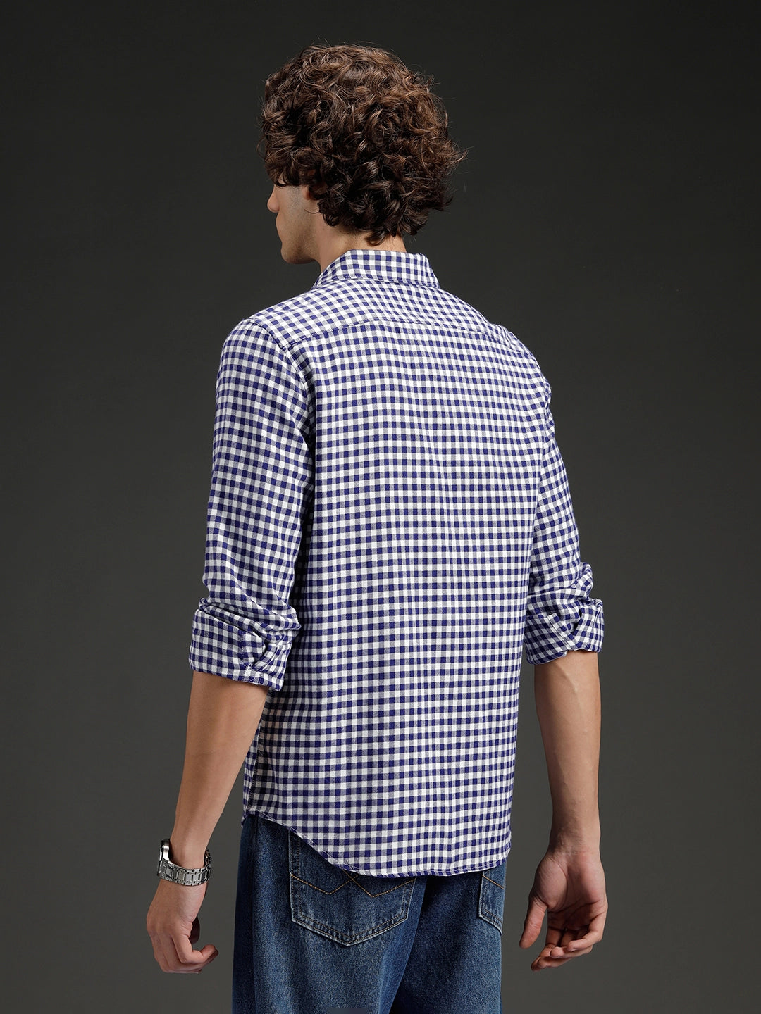 Wrogn Men's Classic Gingham Checked Shirt  | Navy Blue