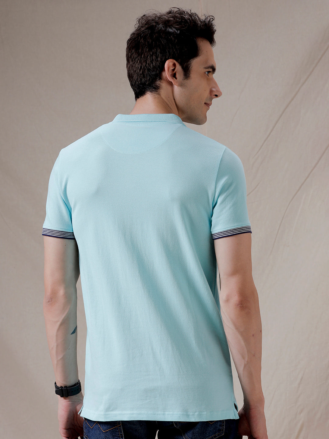 Printed Sleeve Blue Polo T-Shirt