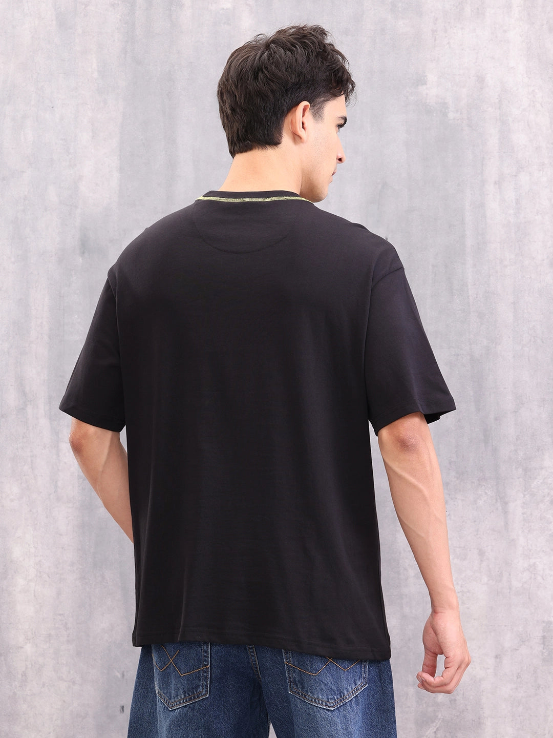 Contrast Flat Lock Detail Oversized Fit T-shirt | Black