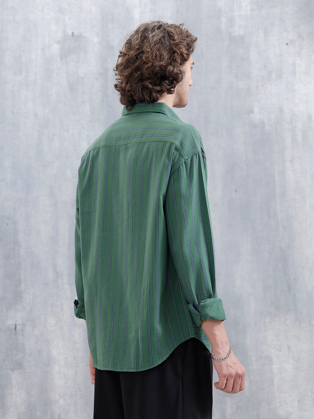 Asymmetrical Striped Oversized Shirt For Men | Dark Green