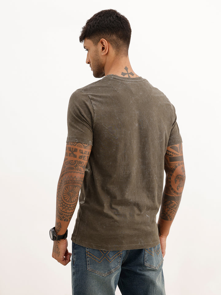 Washed Slim Fit Placement Printed T-Shirt | Olive
