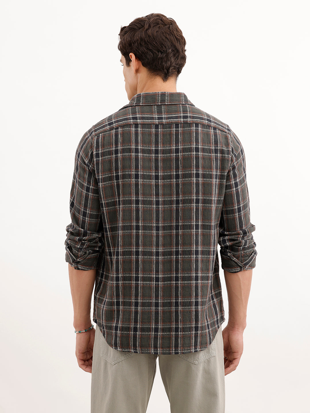 Textured Slim Fit Checekerd Shirt  | Olive