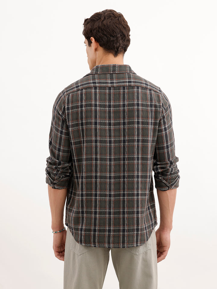 Textured Slim Fit Checekerd Shirt  | Olive