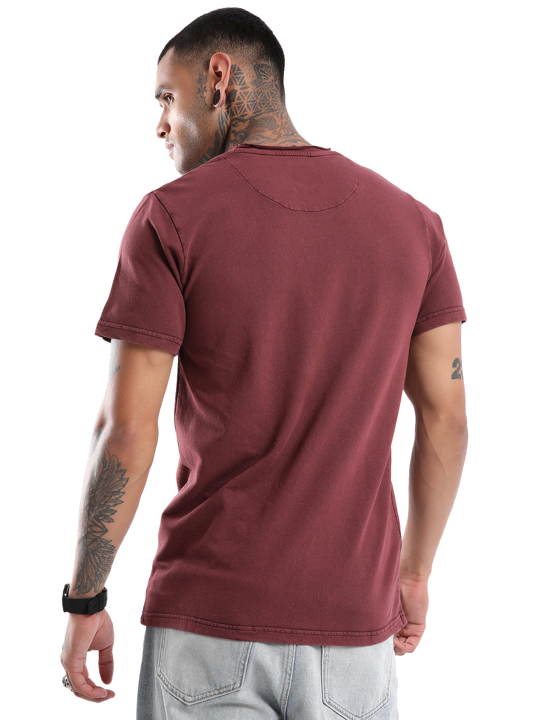 Raw Edged Maroon Slim Fit T-Shirt