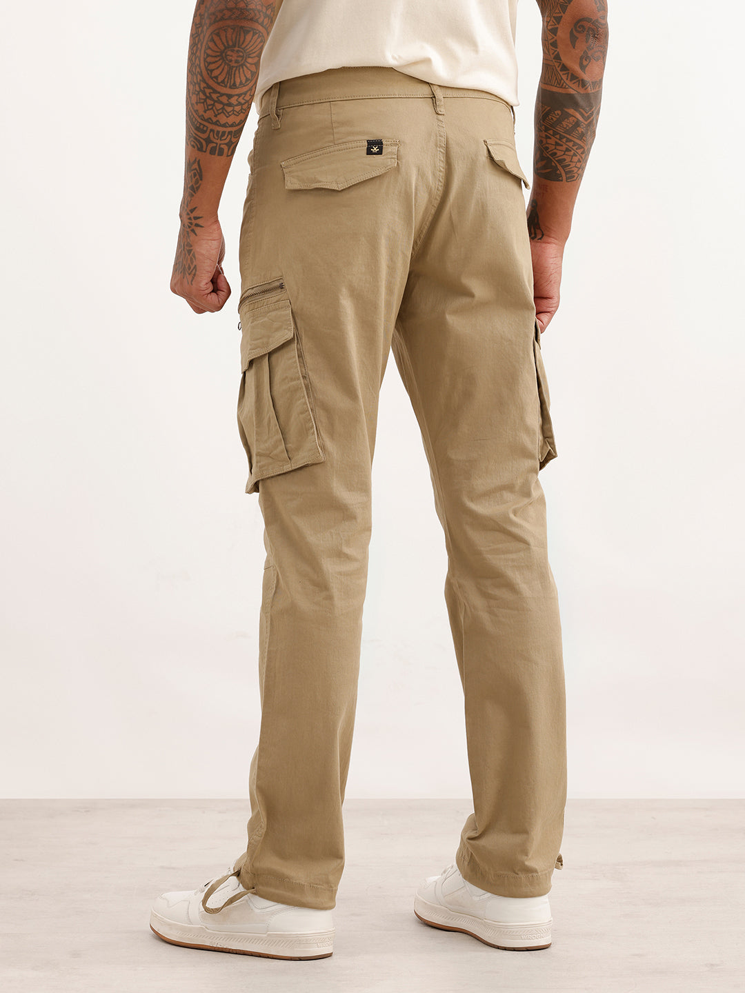 Solid Straight Fit Cargo Trouser | Beige