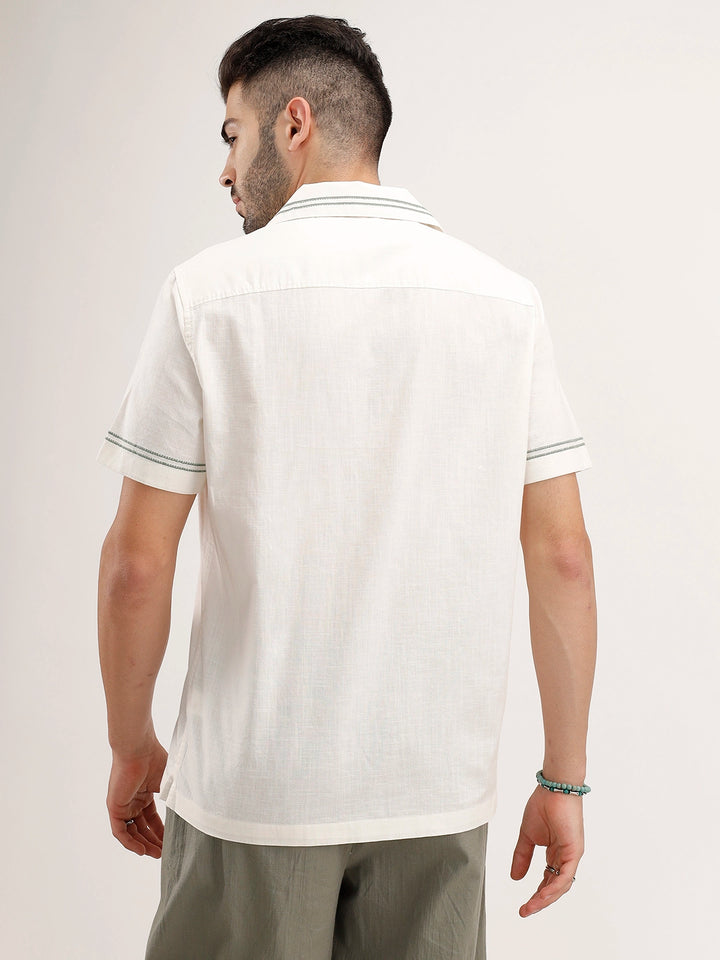 Slim Fit Emroidered Resort Collar Shirt | White