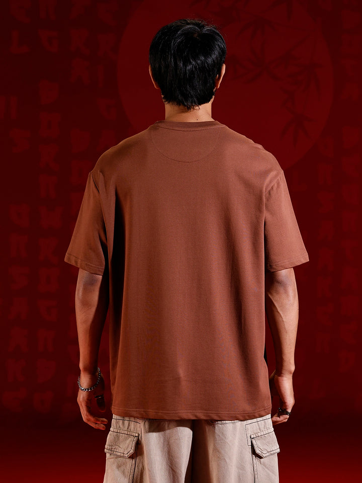Men's Oversized Tee with Illustrated Patch Detail | Brown