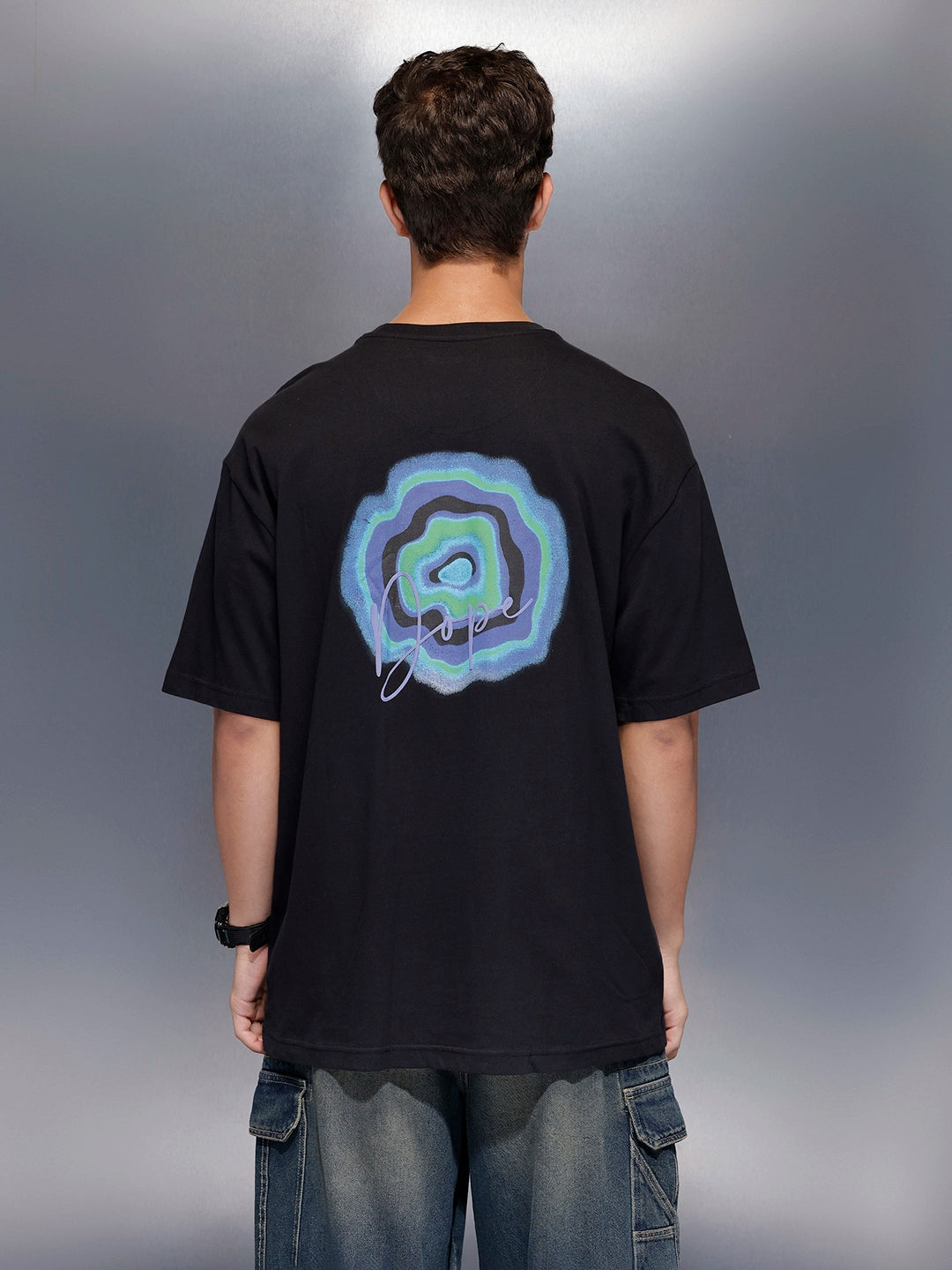 Men’s oversized black t-shirt with minimal chest print | Black