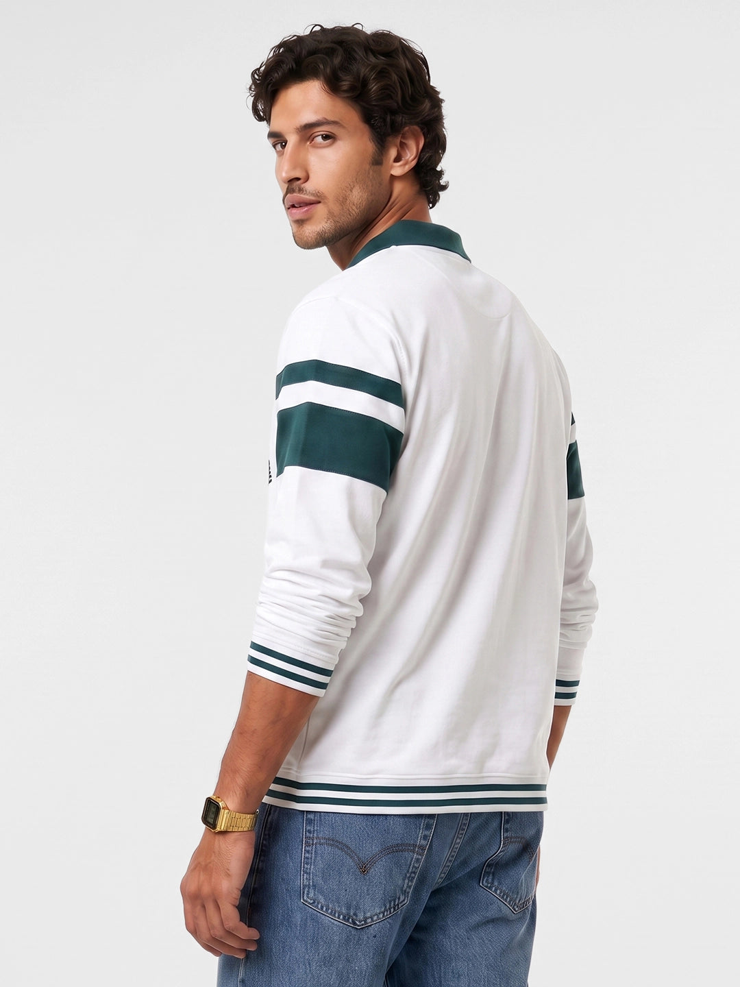 Full Sleeve Contrast Collar Polo T-Shirt | White