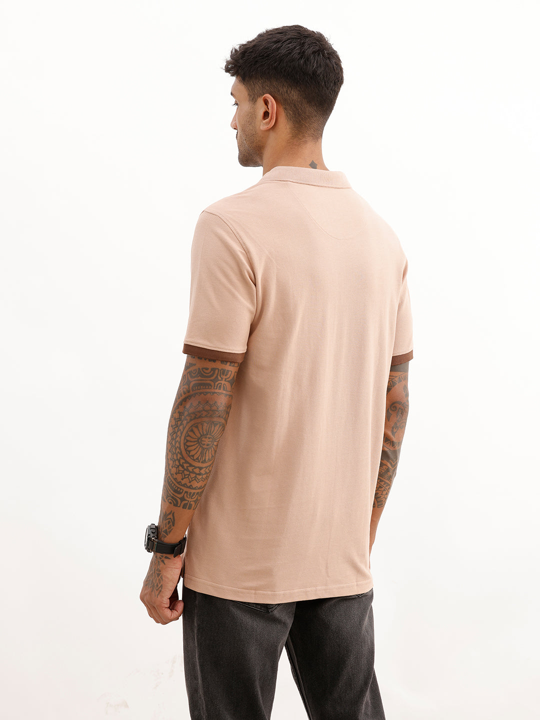 Classic Slim Fit Contrast Sleeve Polo T-Shirt | Light Brown