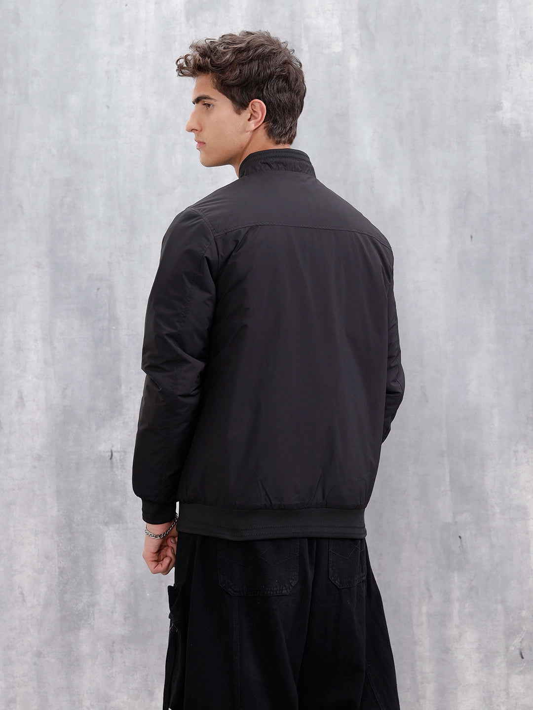 Men's Solid Casual Bomber Jacket | Black