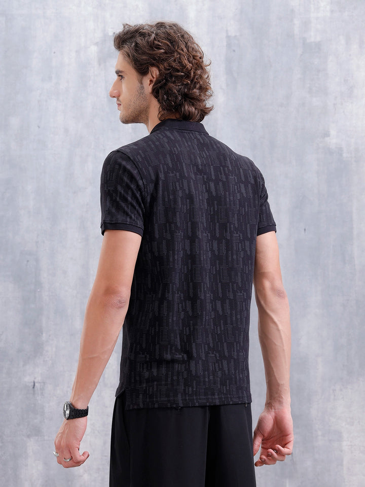 Aop Printed Slim Fit Polo Collar T-shirt | Black