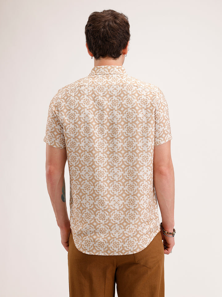 Slim Fit AOP Half Sleeve Shirt | Beige