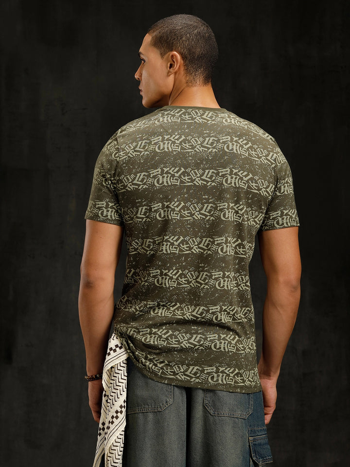 Ancient Script Striped AOP T-Shirt | Olive