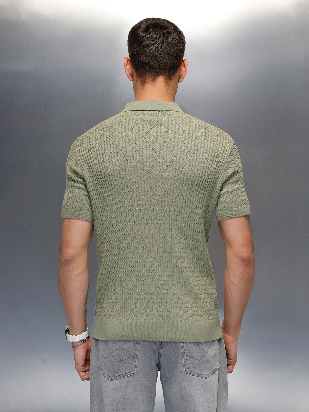 Textured Knit slim fit Polo T-shirt | Olive