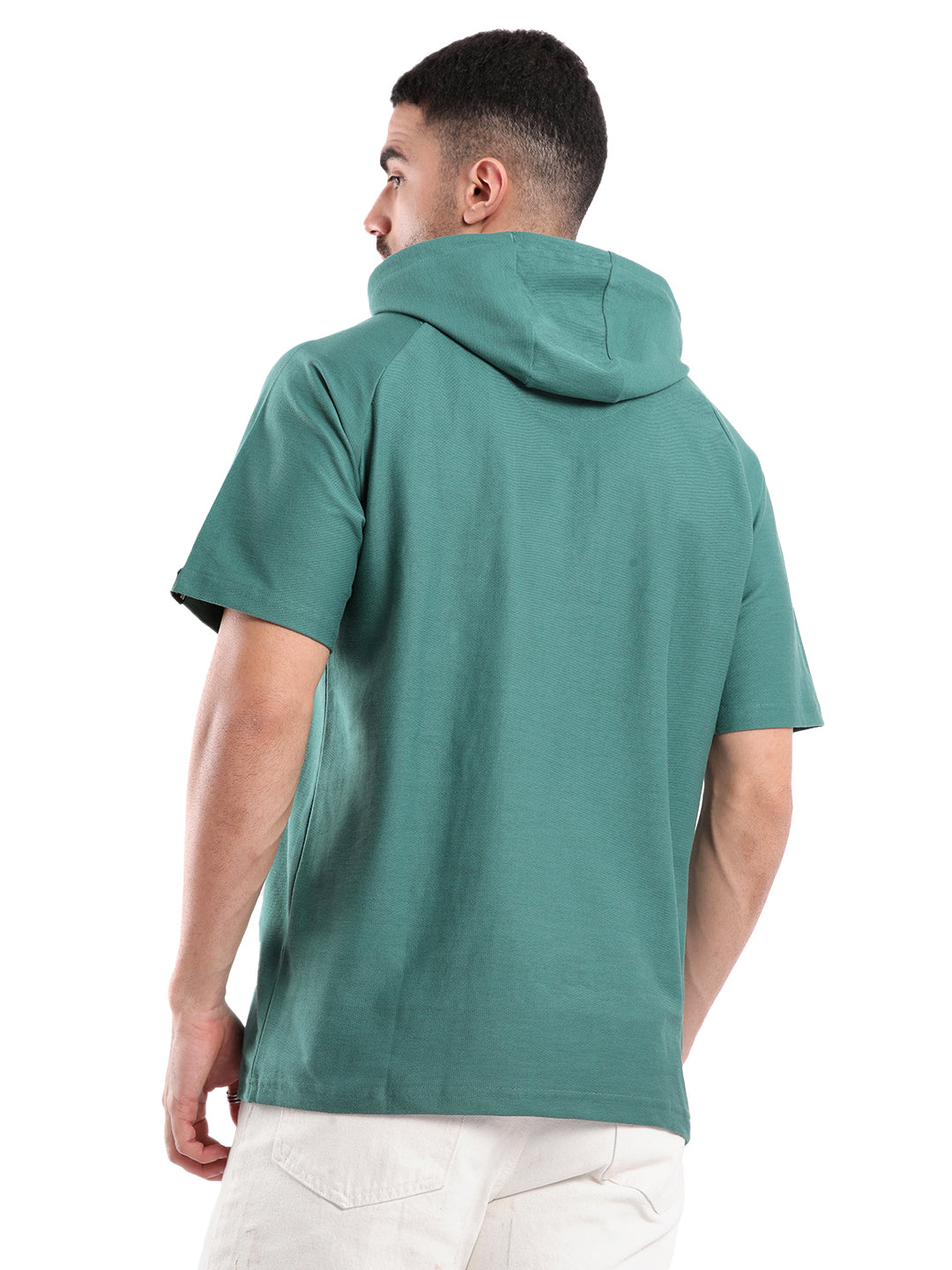 Solid Teal Half Sleeve Hooded T-Shirt