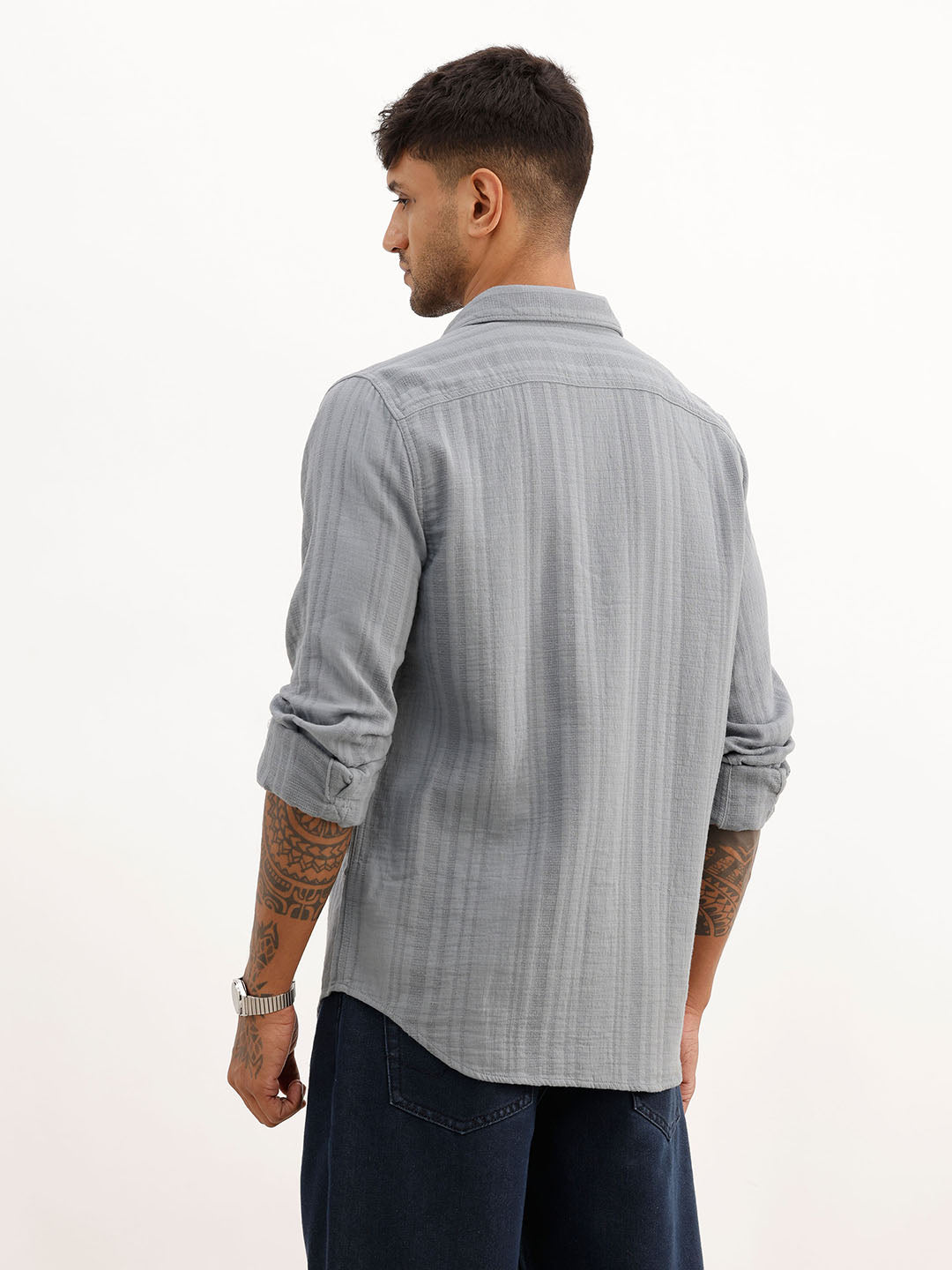 Slim Fit Textured Striped Full Sleeve Shirt | Grey