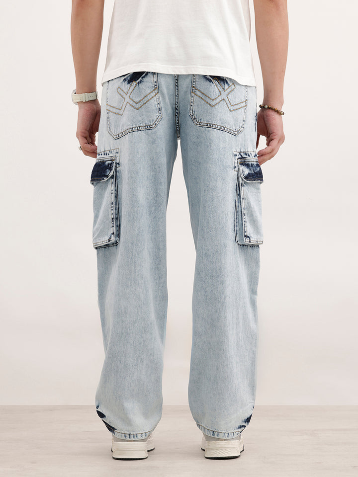 Loose Fit Cargo Denim Jeans  | Light Blue