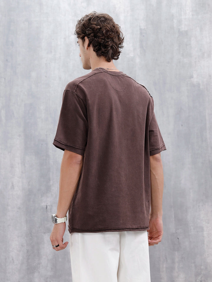 Wrogn Logo Raw-Edged Washed Tee | Dark Brown