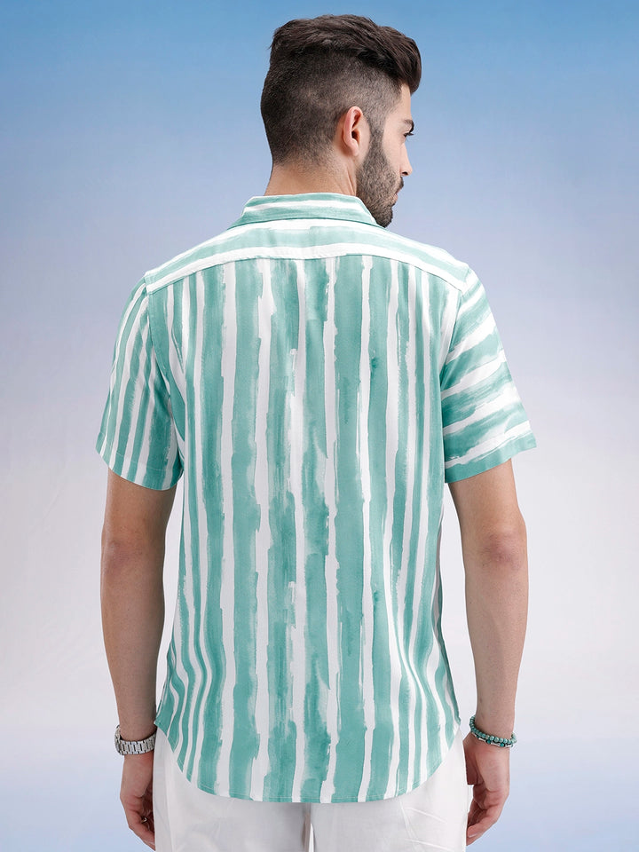 Slim Fit Striped Half Sleeve Shirt | Green