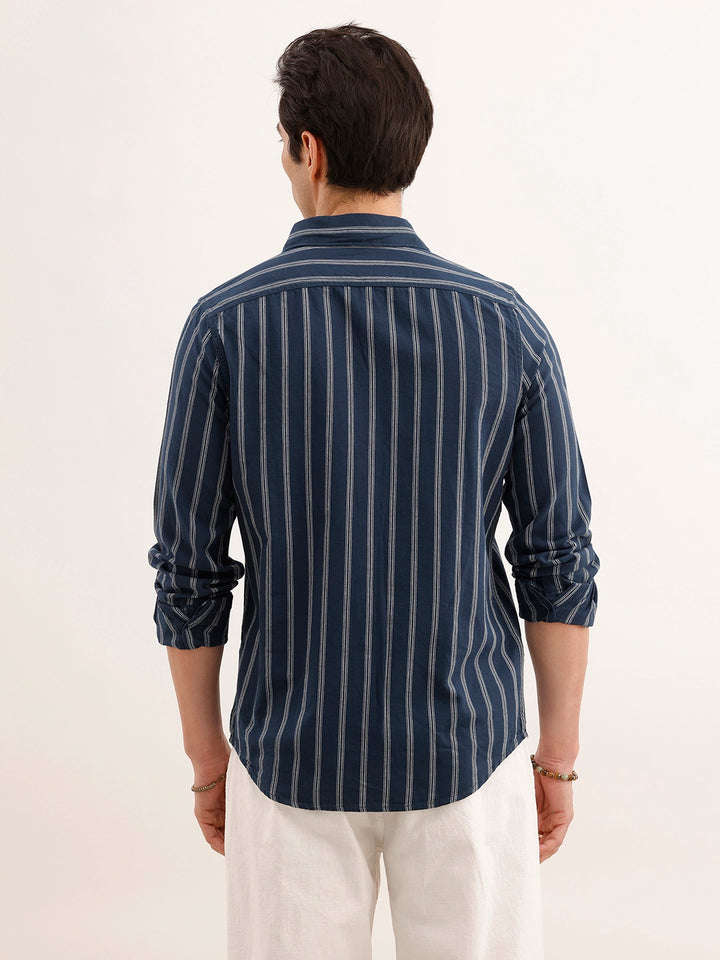 Regular Fit Full Sleeved Striped Shirt | Blue