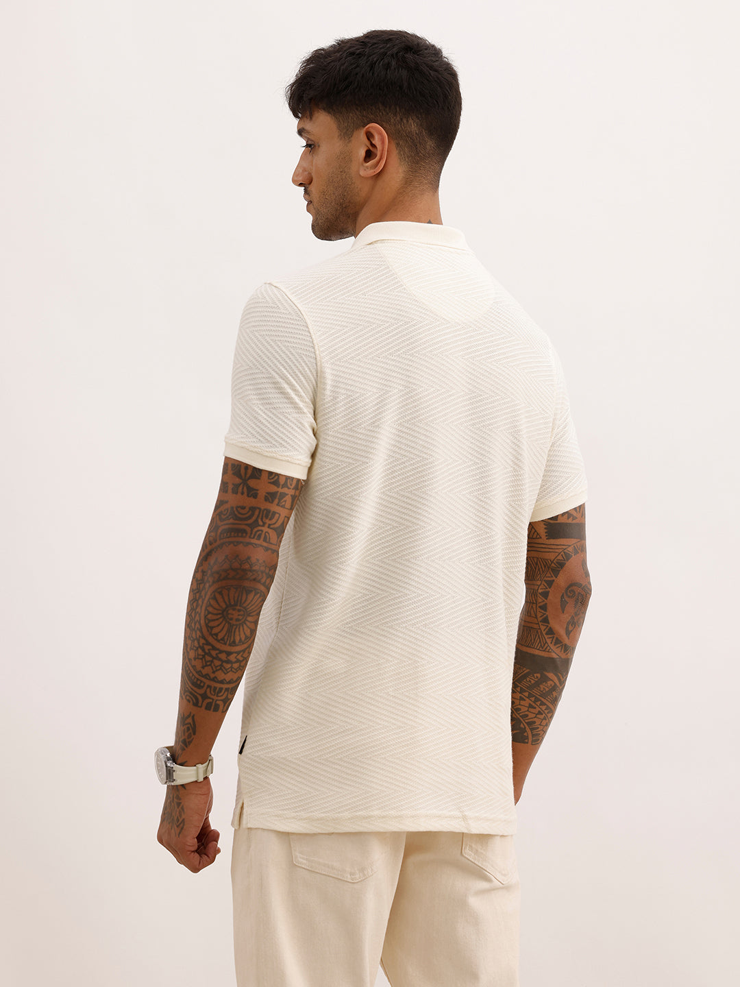 Solid Slim Fit Textured Polo T-Shirt | Off White | WPT02HSSL1245S
