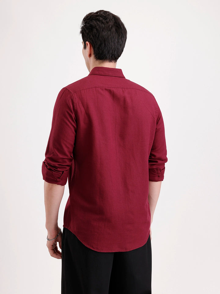 Solid Slim Fit Linen Blend Shirt  | Wine