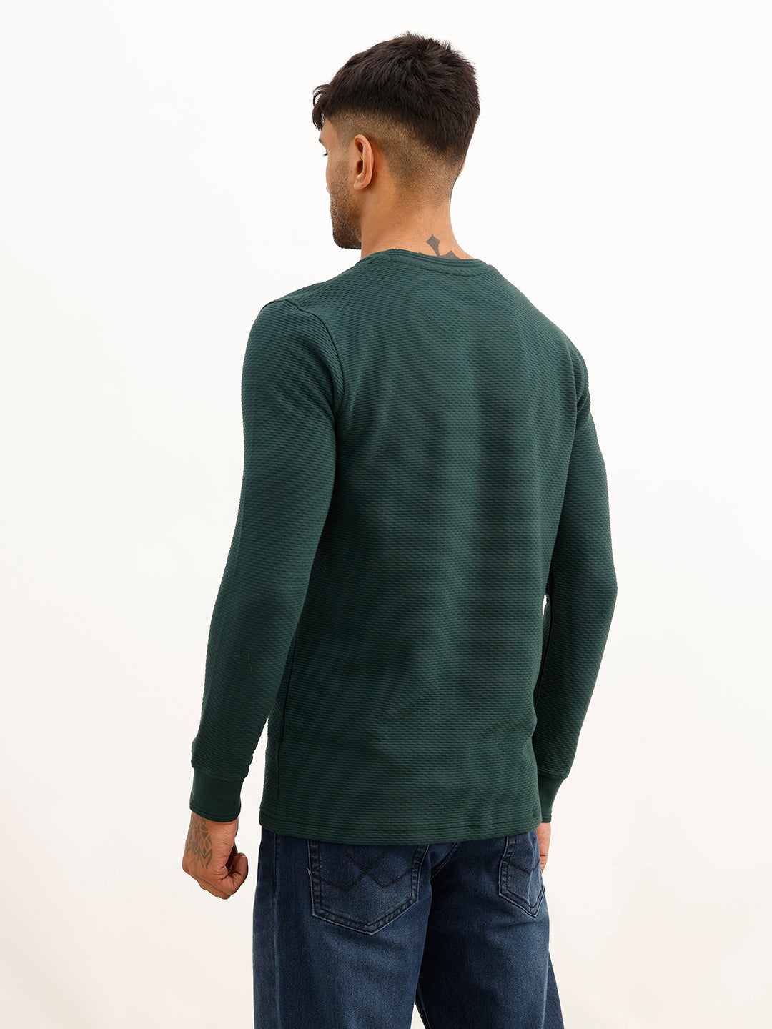Textured Slim Fit Full Sleeve T-Shirt | Dark Green