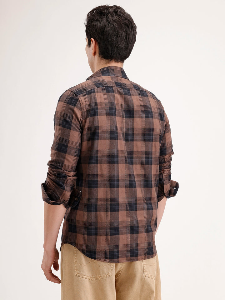 Slim Fit Checkered Shirt | Brown