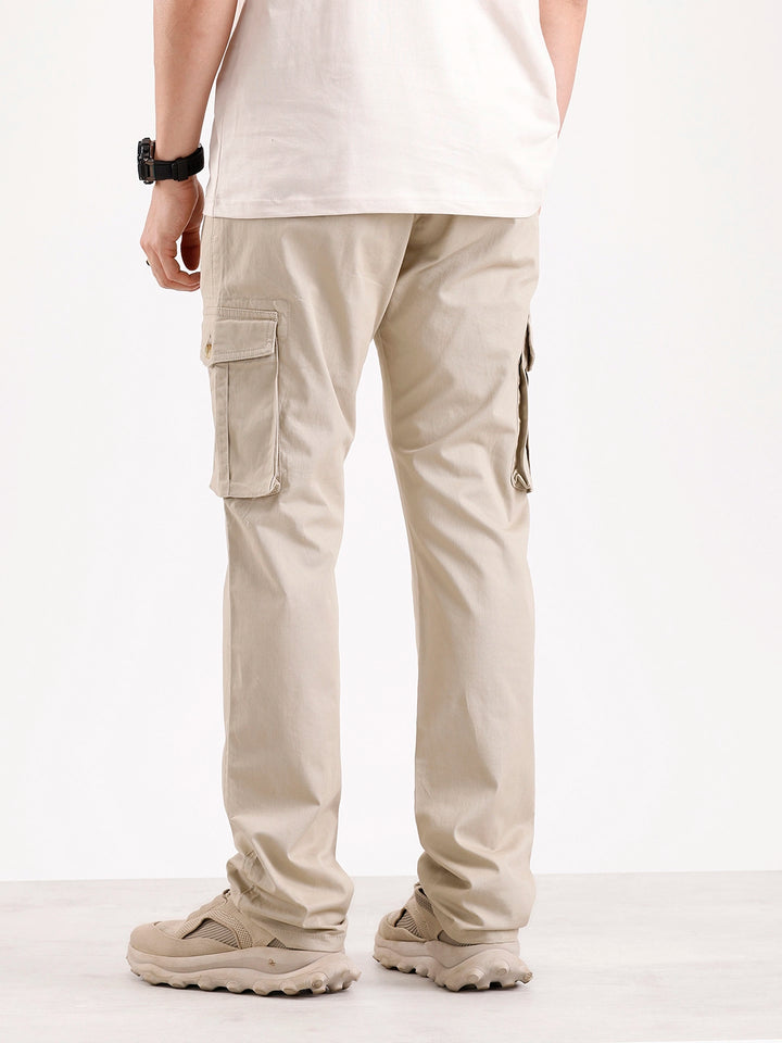 Solid Straight Fit Cargo Trouser   |  Beige