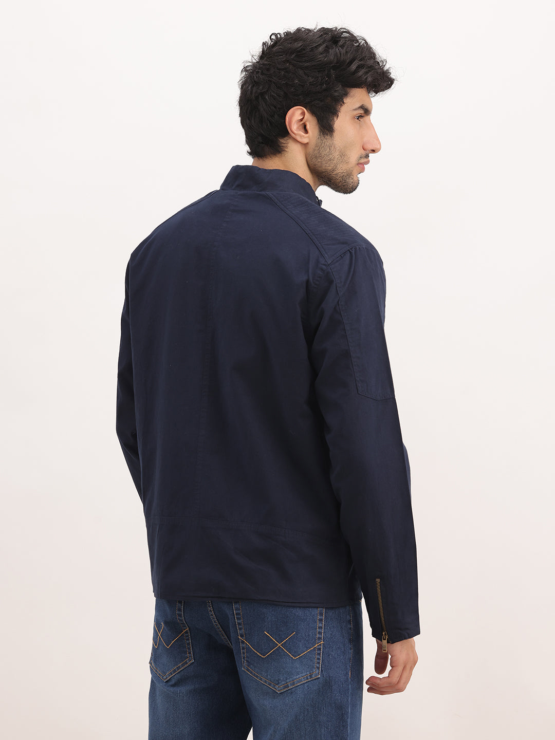 Slim Fit Solid Zipper Jacket | Navy Blue