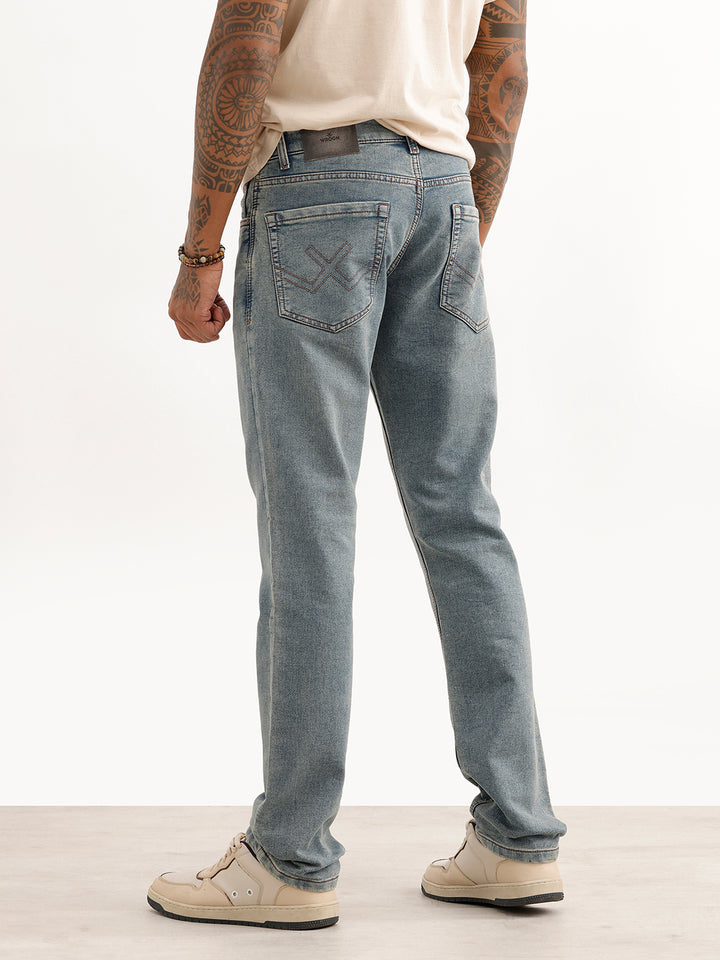 Washed Straight Fit Denim Jeans | Light Blue