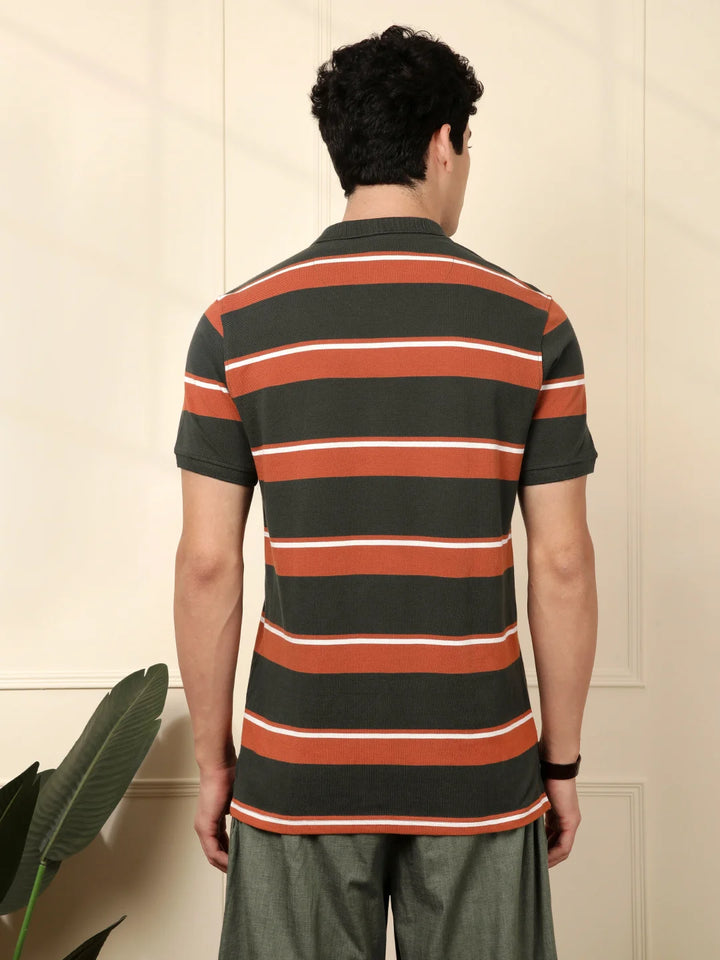 Striped Slim Fit Polo T-Shirt in Rust