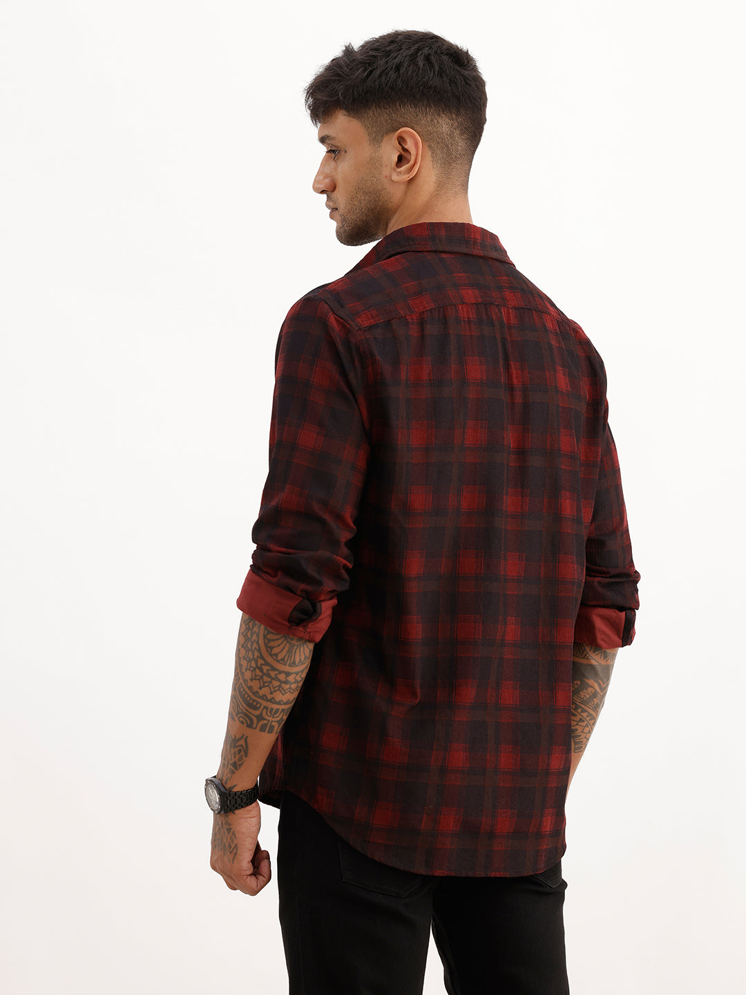 Slim Fit Checkered Full Sleeve Shirt | Maroon