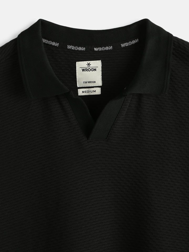 Solid Textured Oversized Polo T-Shirt | Black